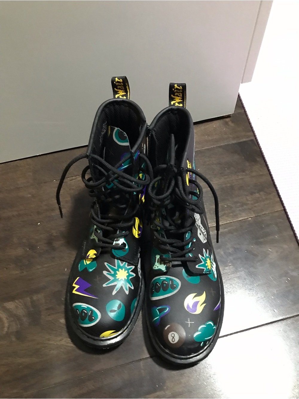 Dr. Martens Black Kids Lace-Up Boots with Multicolor Graphic Prints